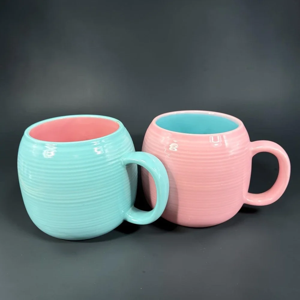 Pottery Barn Japan Vintage Ribbed Beehive Mugs Pink Turquoise Pastel Set of 2